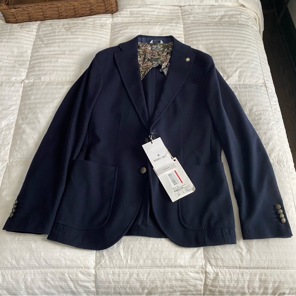 Manuel Ritz Navy Blue Brooch Detail Felt Two Button Single Breast Blazer Size M
